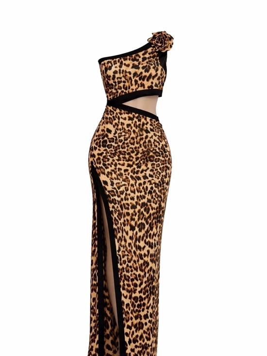 Dress Day Dresses & Skirts - Leopard Print Maxi Dress with Side Slit - Black & Brown